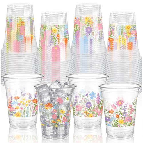 Yiyiring 100 Pcs Wildflower Plastic Cups Bulk 12 oz Floral Cups Wildflowers Disposable Clear Plastic Drinking Cup for Spring Summer Floral Themed Birthday Wedding Bridal Shower Party Supplies