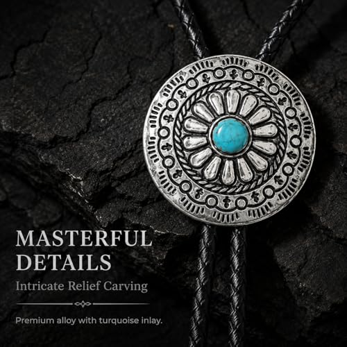 Image of Turquoise Bolo Tie for Men, Leather Braided Necktie Western Cowboy Bola Tie Costume Accessories for Men Women