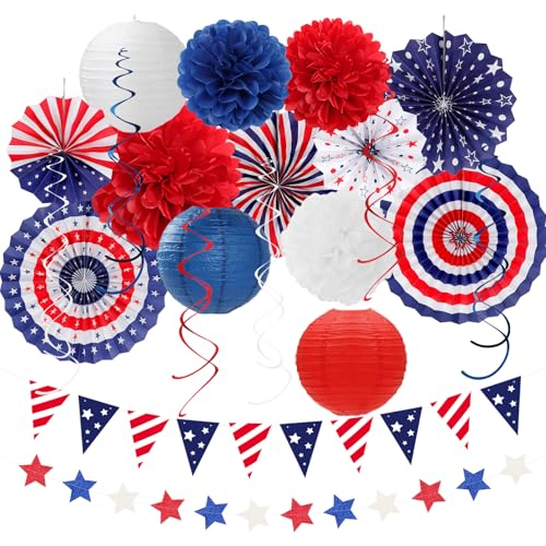Image of Red-White Blue Memorial-Day Patriotic Decorations - 21pcs 4th Fourth of July Paper Lanterns Fans,Tissue Pom Poms Streamers,Honeycomb Balls,USA Americana Independence Banner Decor Burgleda
