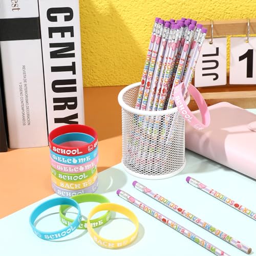 Sabary-48-Pcs-Welcome-Back-to-School-Pencils-Rubber-Bracelets-Back-to-School-Supplies-Set-School-Party-Favors-First-Day-of-School-Gifts-for-Kids-Kindergarten-Students-Teacher-Reward Sabary 48 Pcs Welcome Back to School Pencils Rubber Bracelets Back to School Supplies Set School Party Favors First Day of School Gifts for Kids Kindergarten Students Teacher Reward