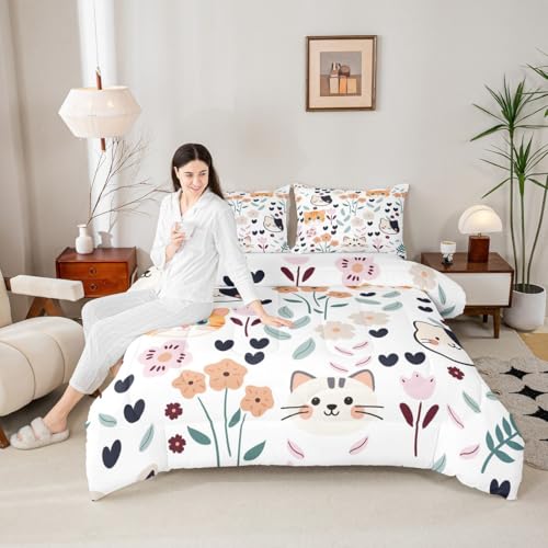 Image of Feelyou Cute Kitten Cat Comforter Set Toddler Size, Cartoon Cat Comforter Set Toddler Size Kawaii Cats and Flowers Comforter for Kids Toddler Cat Lover's Animal Duvet Set Lightweight Quilt Set
