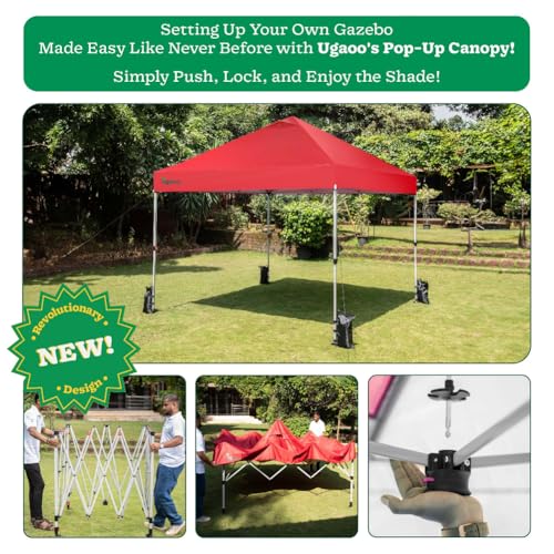 Image of Ugaoo 10x10 Pop-Up Gazebo /Canopy- Tent with One Push Setup | Easy Outdoor Sun Shade for Events, Parties, Camping | Gazebo with STO-N-Go Cover Bag | Silver Coated Top (Red)