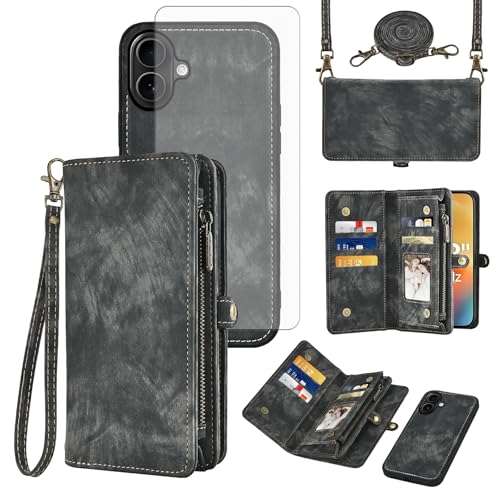 Étui pour iPhone 17 Pro Asuwish en cuir noir pliable avec porte-monnaie et protège-écran