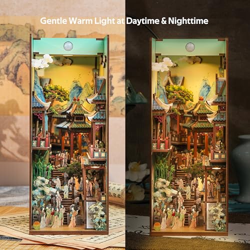 Image of Tonecheer DIY Book Nook Kit for Adults, Wooden 3D Puzzle Bookend Bookshelf Insert Decor, Chinese Booknook Miniature House Kit with Dust Cover and Body Motion Sensor LED (Song Dynasty Culture)