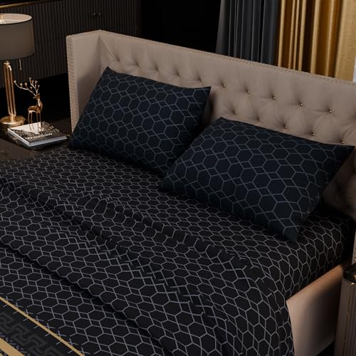 Image of Stoa Paris 100% Bamboo Cotton King Size Bedsheet with 2 Pillow Covers, 200TC Printed Bedding Set, Breathable, All-Season Comfort, Aesthetic Home Decor, Imperial Grandeur - Obsidian Suite(228cmx274cm)