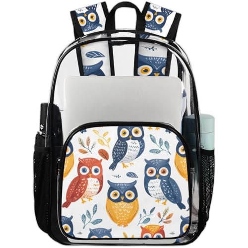 Hand Painted Owls Clear Backpack Stadium Approved PVC Backpacks for Adults Heavy Duty Clear Bag for Work Security Travel College