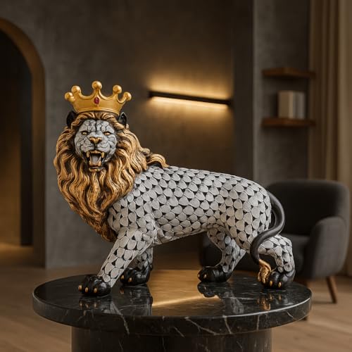 Image of Xtore Regal Lion with Crown Figurine | Resin Home Decor Accent | Unique Art Piece for Living Room, Office, or Shelf | Symbol of Strength and Royalty | Luxurious Animal Decor