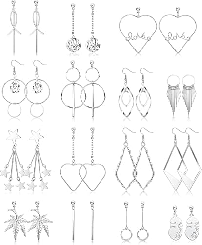 Dochais 15 Pares Pendientes de Plata, Pendientes Geométricos de Moda, Juego de Pendientes Bohemios Vintage, Pendientes CZ Glitter Joyería de Mujer Cover
