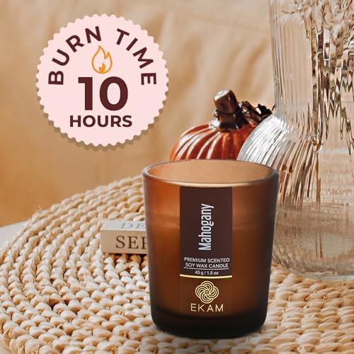 Image of EKAM Scented Frost Glass Votive Candle| Mahogany Scented| Luxury Fragrances| Ideal for Home Decor, Aromatherapy & Gifting| Soy Wax| Therapeutic| Smokeless| Sootless| 10 Hours Burn time |40 g