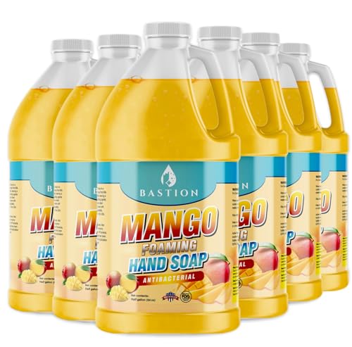 Image of Bastion Antibacterial Hand Soap - Mango Foaming Hand Wash - 1 /2 Gallon (64 oz.) Bulk. Refill Jug. Mango Scented. Non-toxic. Made in the USA. (6) Half-Gallon (384 oz)