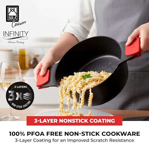 Image of BRA COOKWARE Infinity Nonstick Stock Pot w /Glass Lid | 9.5 Inch 3.8 Quart Cast Aluminum Cooking Pot | PFOA /PFAS Free Deep Pot | All Cooktops (incl Induction) | Removable Silicone Handle