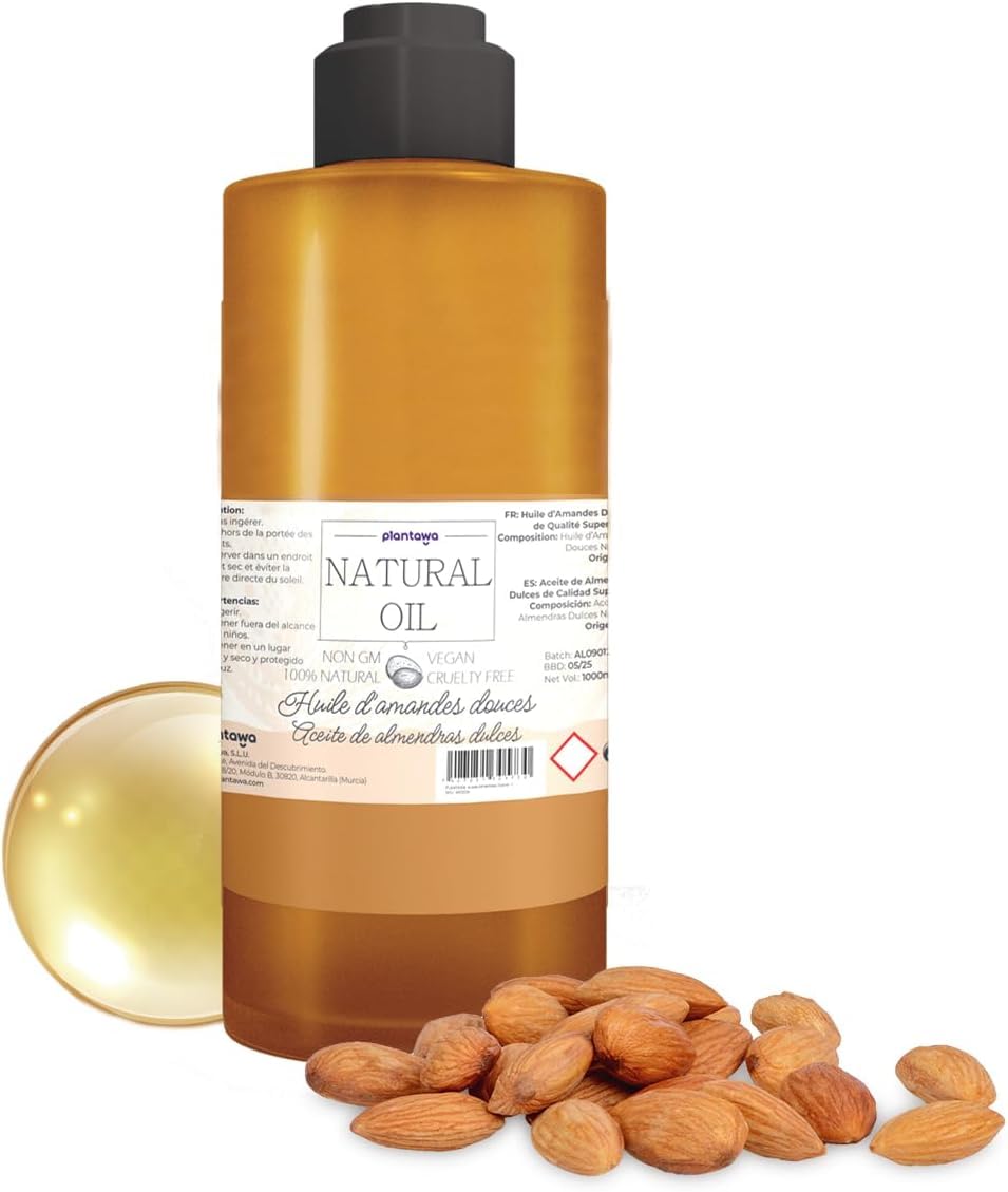 PLANTAWA Aceite Almendras Dulces 1l, 100% Natural, Origen Vegetal, Múltiples Usos, Materia Prima,Contiene Vitamina E, Sostenible, Marrón