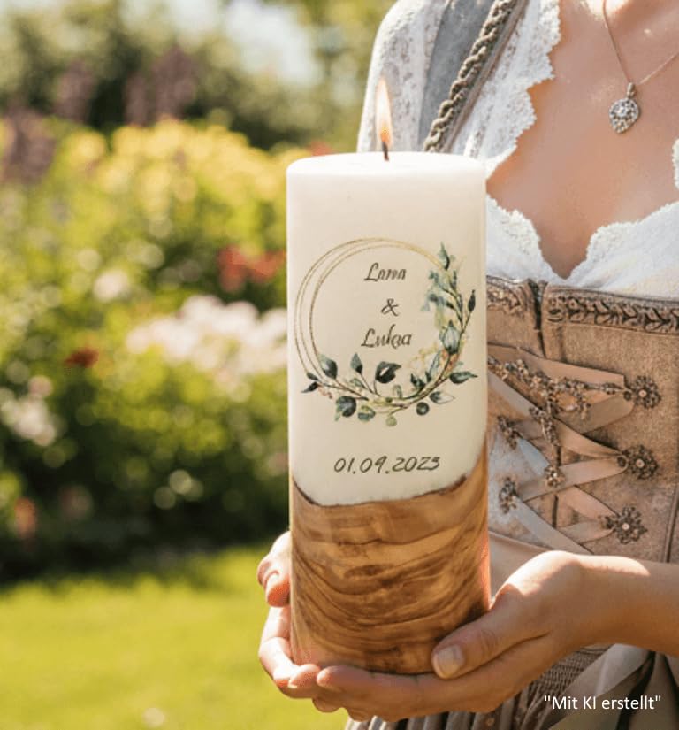 Hochzeitskerze "Eukalyptus wild". - Hochzeitskerze mit echten Holz und versiegelte Wachsoberfläche. (Teelicht, D/H = 8 x 25 cm)