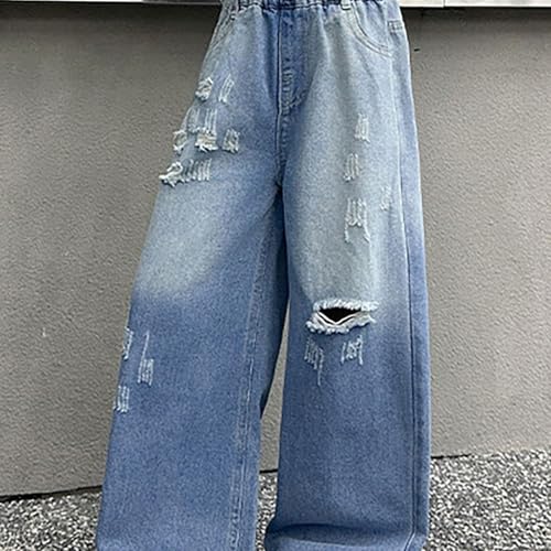 Teen Girls Baggy Ripped Jeans Little Girl Distressed Destroyed Stretchy Pull On Denim Pants Y2K Kids High Waisted Trousers4