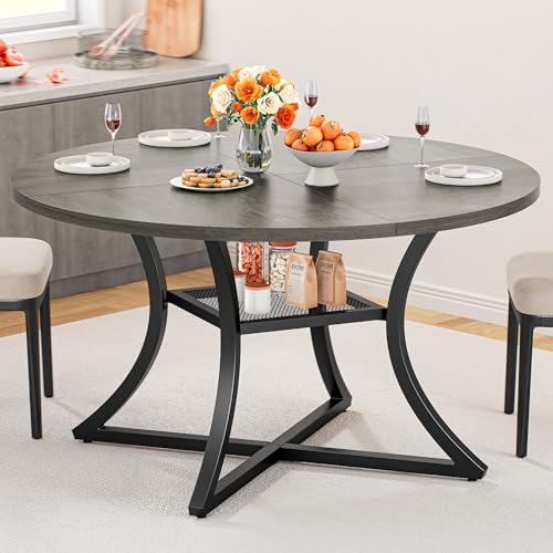 IRONCK 47.2″ Round Dining Table for 4, Wood Kitchen Table with Storage Shelf for Dining Room, Dinner Table with Wooden Tabletop and Metal Base, Gray