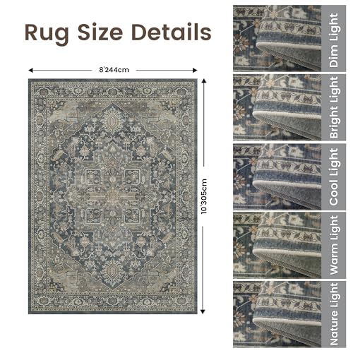 Rugland 8x10 Area Rugs - Stain Resistant Washable Rug, Anti Slip Rugs for Living Room, Vintage Tribal Area Rugs(Medallion 01-Deep/Grey, 8'x10')