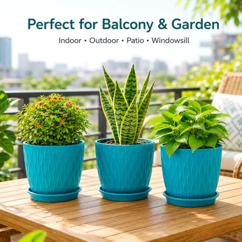 Image of SWAPKART (Pack of 5 6 Inch Plastic Flower Pots for Indoor & Outdoor Terrace,Garden Plants Decorative Planters with Drainage Holes & Matching Saucers Durable & Lightweight (Peacock)