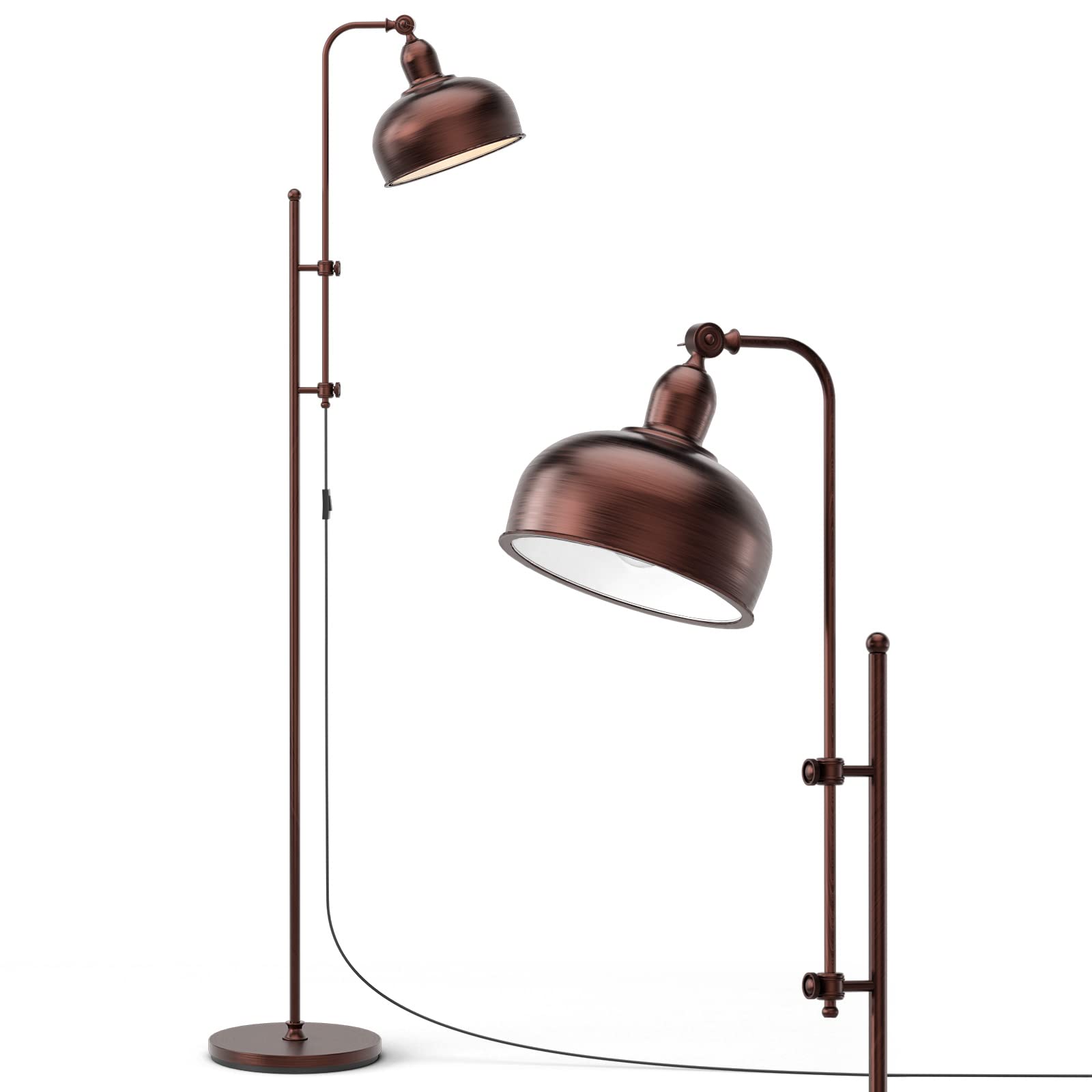 COSTWAY Lámpara de Pie en Estilo Industrial, Lámpara de Piso de Metal, Cabeza Giratoria, Lampara de Suelo, Altura Ajustable 166 cm, para Dormitorio, Oficina, Color Bronce, E27 (sin Bombilla)