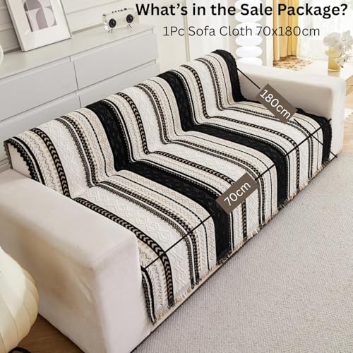 Image of HOMETHREADS Chenille Bohemian Boho Style Sofa Cover | Thick & Soft Luxury Slipcover | Protective, Washable & Stylish Couch Cover for Living Room Decor. (Boho Line Black, 1 Seater|70x180cm)