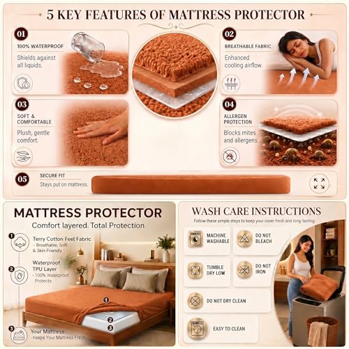 Image of Lithara Terry Cotton Fitted Mattress Protector for Queen /Double Bed | Waterproof & Elastic Band | Ultra Soft & Hypoallergenic Mattress Cover | Size : 75 x 60 Inches (6.25 x 5 Feet) | (Golden)