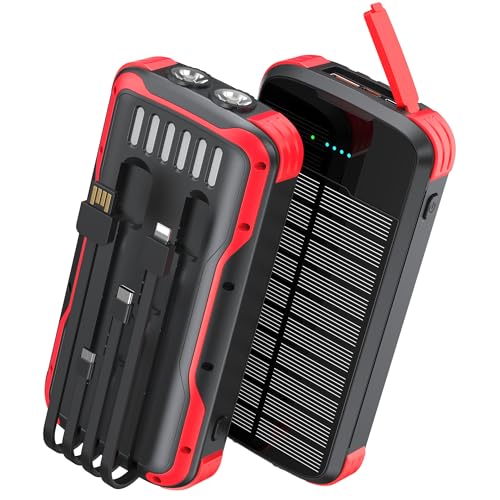 Solar Charger Power Bank, PD 20W Fast Charging External Batter, 40000mAh Portable Phone Charger Built in 4 Cables with Dual Bright Flashlights for Camping, Hiking, and Outdoor Use（RED）