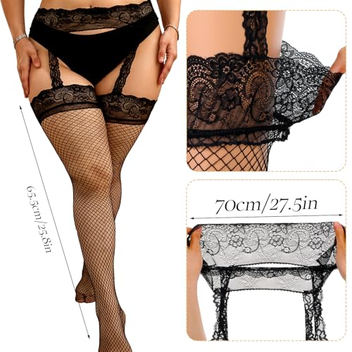 Thigh High Stockings Plus Size, Lace Top Plus Size Fishnet Stockings for Women,Suspender Pantyhose Thigh Highs Fishnet for Curvy Women,Large Valentine's Day Dress (Black)2