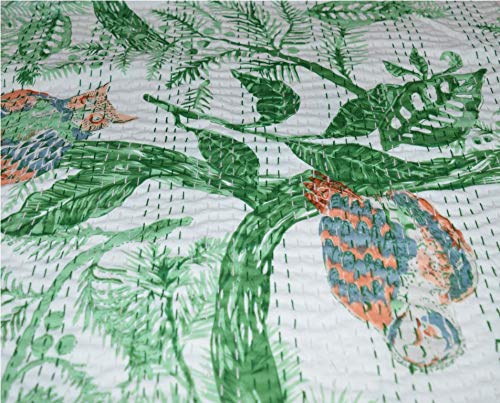 V Vedant Designs Indian Kantha Quilt Owl Bird Print Cotton Queen Bedspread Ethnic Vintage Throw Quilted Bedding Decorative Quilt,90x108 Inch, Green