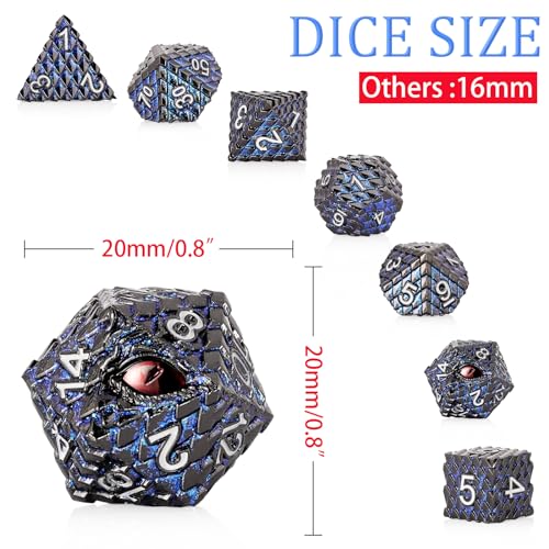 Metal Dice Set D&D,7 PCS Dragon Scale Metallic DND Dice Set,Dragon Eye Metal Dice with Gift Metal Box for Dungeons and Dragon Tabletop Game (Glitter Blue Dragon Scale & Red Eye)
