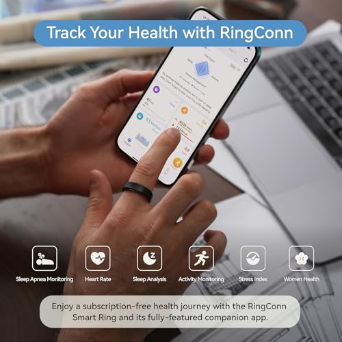 Image of RingConn Gen 2, World's First Smart Ring with Sleep Apnea Monitoring, No APP Subscription, 12-Day Battery Life, Stress /Heart Rate /Women's Health Tracker, Android & iOS Compatible (Black, Size 9)