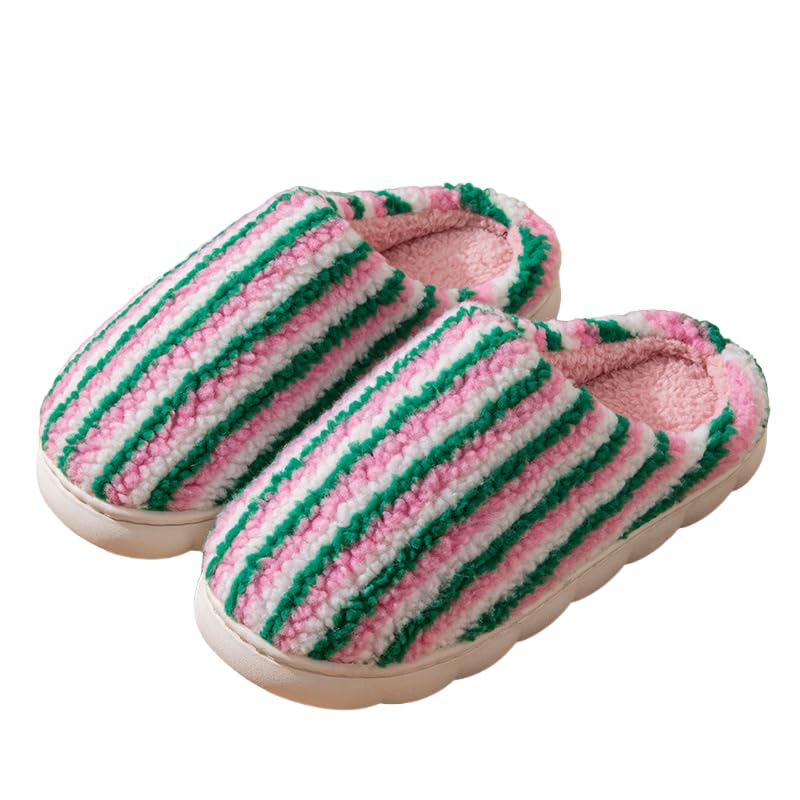 Women House Slippers with Colorful Stripe Cozy Non-Slip Warm Fuzzy Plush Home Shoes