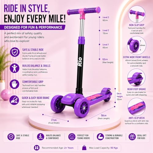 Image of MiniExplorer Rio Kids Kick Scooter for Boys & Girls 3-12 Years - Purple | Adjustable Height Foldable Scooter with Rear Brake & Anti-Slip Deck | 3 Wheel Outdoor Scooter for Kids