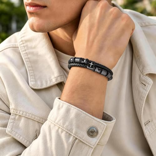 Christian Black Leather Bracelet for Men, Braided Leather Cross Adjustable - image 8