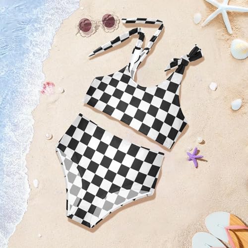 MNSRUU Girls Swimsuits Checked Black Tankini Bathing Suits Bikini Set Swimwear3