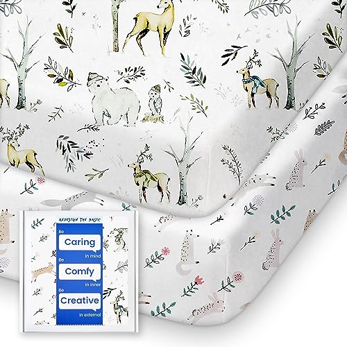 Image of TotBasic Ultra Soft Pack N Play Sheets - Fitted, Premium Jersey Knit, Stretchy Neutral, Woodland Mini Crib Sheets for Graco Pack and Play, 2 Pack (Deer&Rabbit)