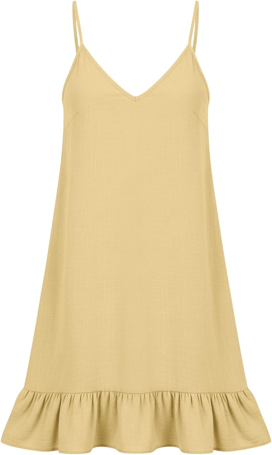 Ruffle Trim Mini Swing Dresses for Women, Cute V Neck Cami Dress 2026 Summer Boho Vacation Short Tank Dress