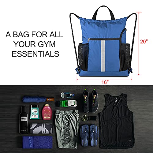 Image of BeeGreen Royal Blue String Backpack Bag Cinch Sack with Shoe Compartment and Two Side Mesh Pockets Lightweight Sturdy Drawstring Gym Sackpack 1 Pack for Unisex