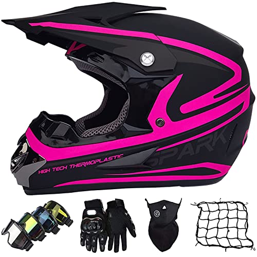 Casco de Motocross, Casco Moto Integral, Casco Motocross Infantil Dot Certificación Casco Moto Cross para Mujer Hombre Adultos Casco Dirt Bike con Gafas Máscara Guantes Y Red De Casco -Carcasa ABS