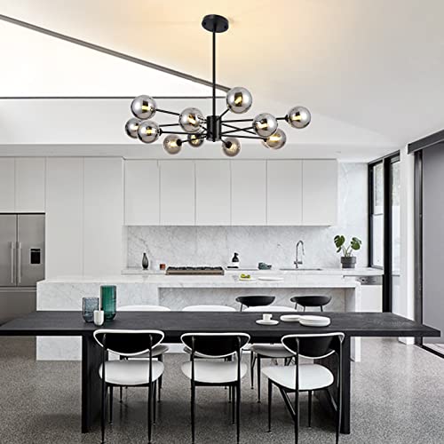 Yiisem Modern Glass Globe Chandelier with Glass Shade, 12-Light Black Sputnik Light Fixture, Magic Bean Hanging Chandeliers Lighting for Dining Room, Living Room, Bedroom, Kitchen - Image 4