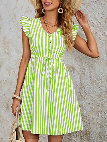 Image of Leriya Fashion Western Dress || Rayon Vertical Striped Printed Dress for Women || Flounce Cap Sleeve | V-Neck | Drawstring Waist Flared Dress || Summer Short Dresses for Women.