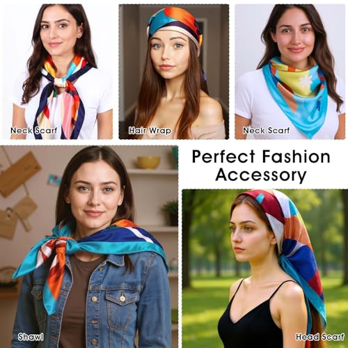 Bag Scarf Tops for Women Like Satin Silk Scarf Lightweight Fashion Neck Silk Square Hair Wrap for Women - 35.43" Large Soft Bandana (Colorful, 2PCS)3