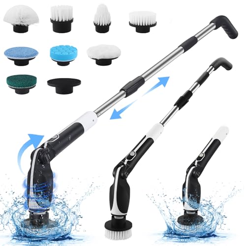 Electric Spin Scrubber, Upgraded 8 IN 1 Cordless Electric Cleaning Brush with Adjustable Handle & 8 Replaceable Heads, Remote Control Spin Scrubber for Cleaning Bathroom Tub Floor Tile Kitchen