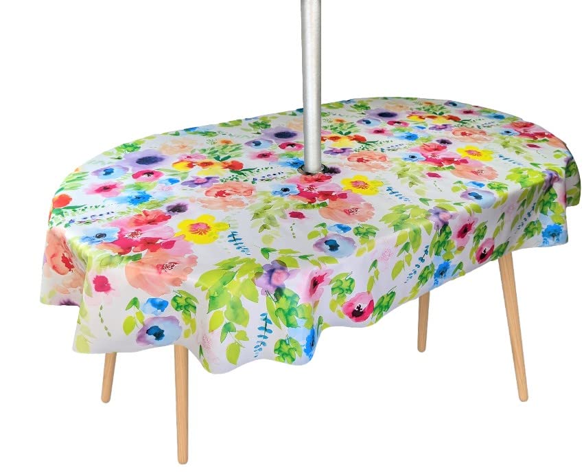 Karina Home Oval Outdoor Wipe Clean Garden Tablecloth with Parasol Umbrella Hole Bright Floral Garden Flowers Oval 200cm x 140cm