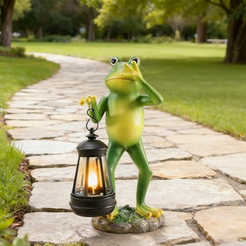 Tulov Solar Frosch Lampe Garten Deko – Stehender Frosch mit Lustige LED, IP65 Wasserdicht, Resin Statue für Außen, Terrasse, Teich & Rasen, Solarbetriebenes Licht, Geschenkidee für Naturliebhaber