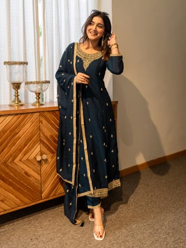Image of VredeVogel Women's Silk Blend Embroidered Anarkali Kurta with Pant & Dupatta Set | Festive & Casual Women Ethnic Kurta Set for Women