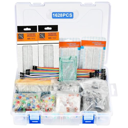 1628 Stück Elektronik Bauteile Kit 9 Arten mit Metallschichtwiderstand,kondensator,Diode,LED Leuchtdioden,Transistor,Dupont Wires,PCB Board und Steckbrett, Für UNO R3