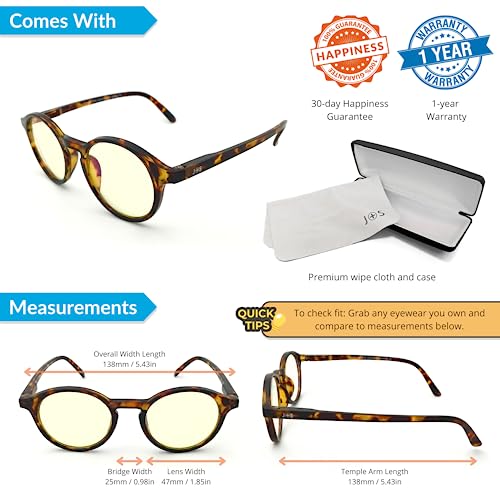 J+S Vision Blue Light Shield Computer Reading/Gaming Glasses - 0.0 Magnification - Anti Blue Light 100% Uv Protection - Low Color Distortion Lens, Round Glossy Tortoise Frame #TOP3