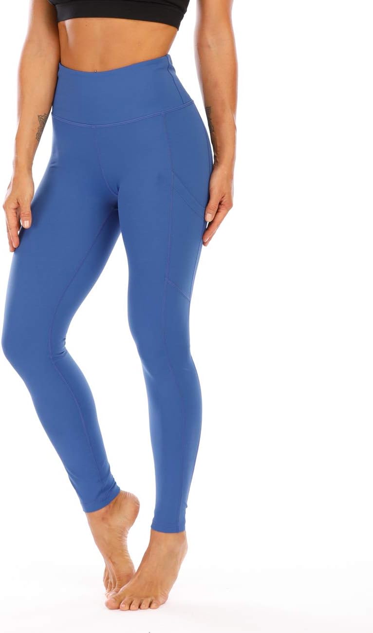 High Waisted Tummy Control Yoga Pants with Pockets for Women, Four Way Stretch Workout Leggings Blue