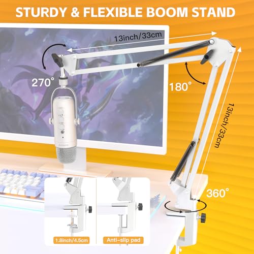 Image of zealsound Gaming Condenser Microphone, Podcast Mic with Boom Arm for Phone /PC /PS4 /PS5, USB Microphone for Recording /YouTube /Streaming, Headphone Output, Mute Button, Echo Volume Gain Control (White)