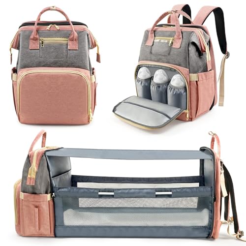 Image of Kompoll Diaper Bag Backpack, Diaper Bag with Changing Station, Multifunction Waterproof Travel Baby Changing Bags Back Pack for Dad/Mom, Baby Registry Search, Suitable for 0-24 Months (Pink), Big