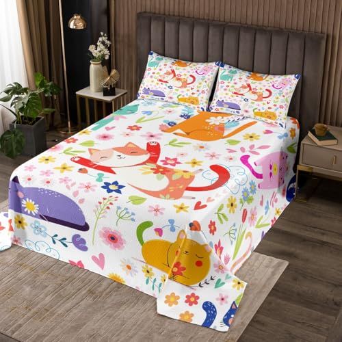 Feelyou Kids Cartoon Cat Quilted Coverlet Queen Size, Cute Kitten Coverlet Set Boys Girls Floral Animals Bedspread Teens Bedroom Decor 3Pcs